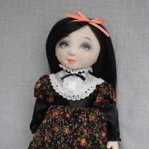 Porcelain doll with black hair and black dress with flowers art doll - 9 inches  - gothic