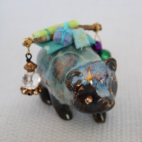 porcelain black bleu green galaxy bear figurine with gold and fabric luggage - traveler bear carrier mini animal package parcel