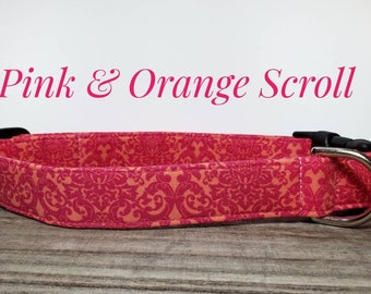 Pink and Orange Scroll Dog Collar  - Puppy - Custom - Embroidered - Unique & Beautiful Personalized - Monogrammed