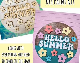 DIY Retro Floral Hello Summer Door Hanger  - Paint Party Kit - Vintage - Floral - everything included - Not a finished product.