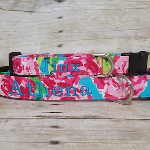 Watercolor Roses - Personalized Dog Collar - Pink - Floral - Flowers - Personalized - Monogrammed Embroidered - Dog Collar - Valentine