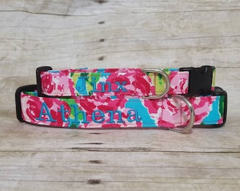 Watercolor Roses - Personalized Dog Collar - Pink - Floral - Flowers - Personalized - Monogrammed Embroidered - Dog Collar - Valentine