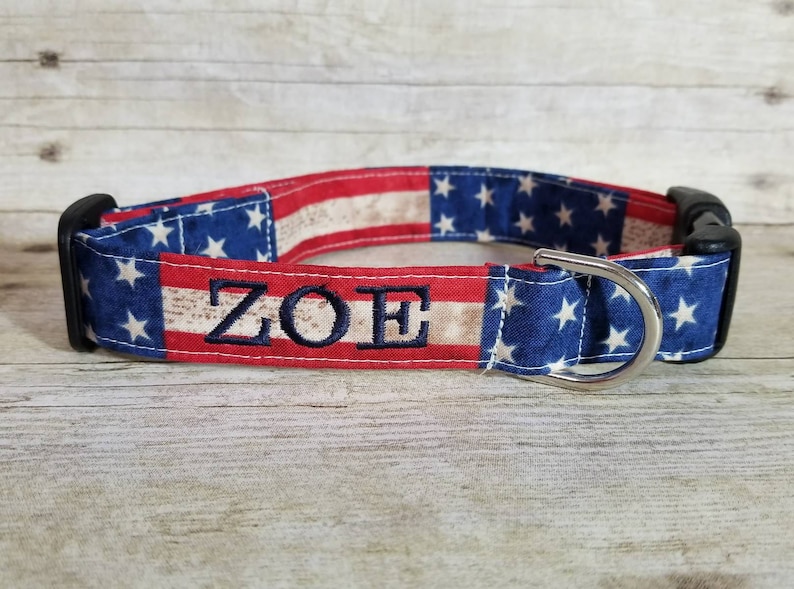 America The Beautiful Dog Collar Personalized Dog Collar Patriotic American Flag Military Dog Collar Red White Blue 4th of July image 1