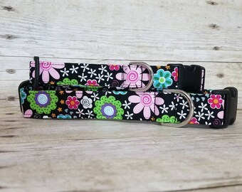 Black Background Floral Dog Cat Collar Personalized - Beautiful Monogrammed - Embroidered - Flowers