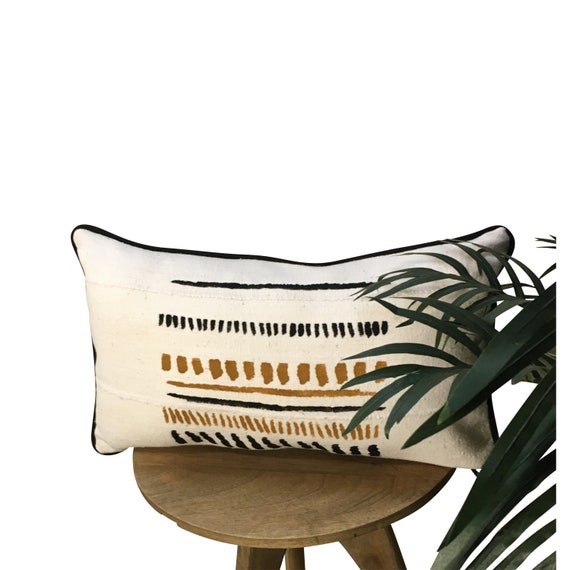 Long Boho Pillow, Brown and White Lumbar Pillow, Mudcloth Lumbar Pillow,  Piping on 12x18, 12x20, 12x22, 14x20, 14x22