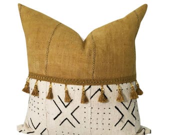 Boho Yellow Pillow Cover, African Mudcloth Pillow, Pillow with Tassels, Tribal Print Pillow, Boho Throw Pillow, Mud Cloth Pillow