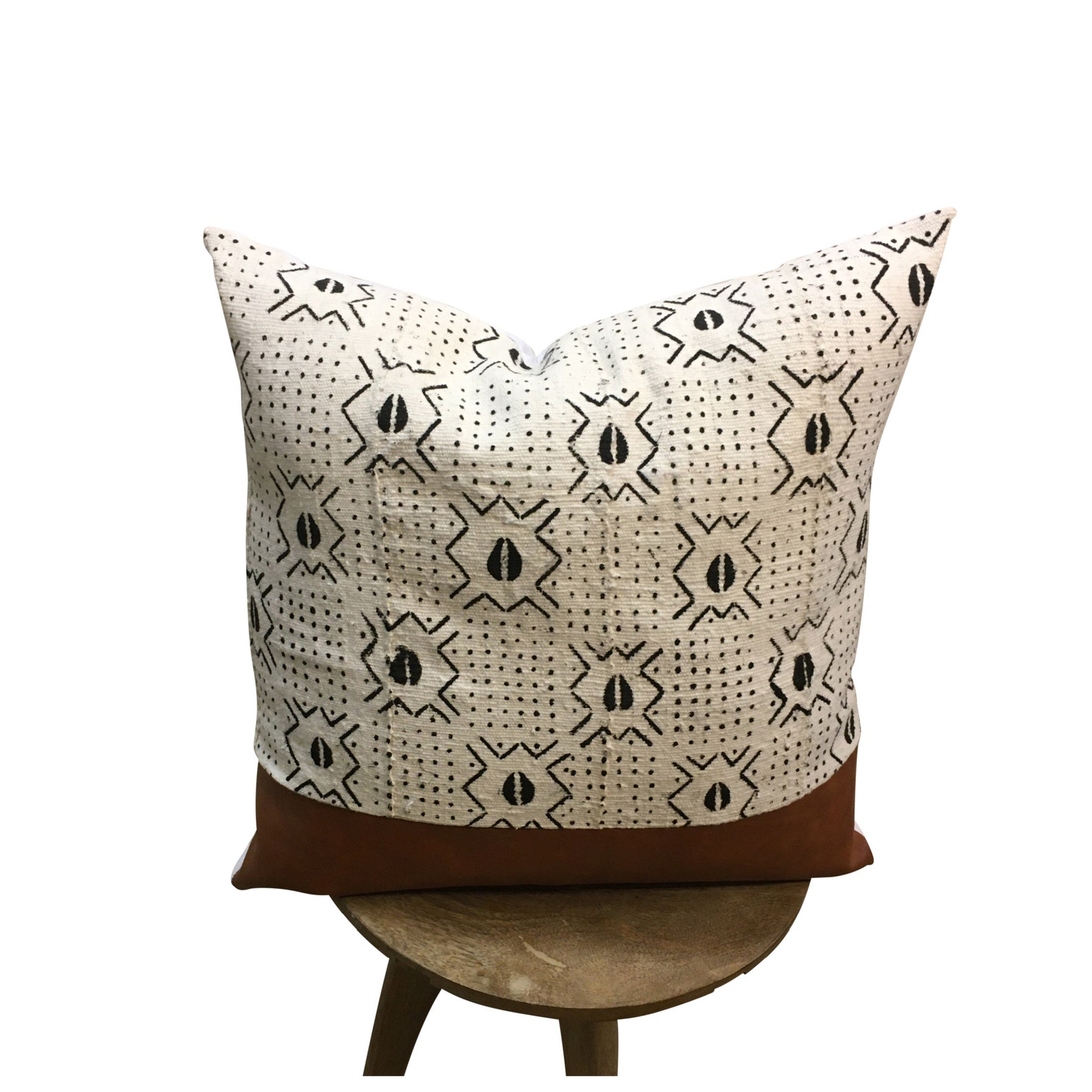 Brown and White Pillow Cover Mudcloth and Faux Leather Etsy