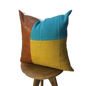 Vegan Leather Pillow,  Blue and Mustard Yellow Pillow Cover, Mudcloth Pillow, Faux Leather Color Block Pillow