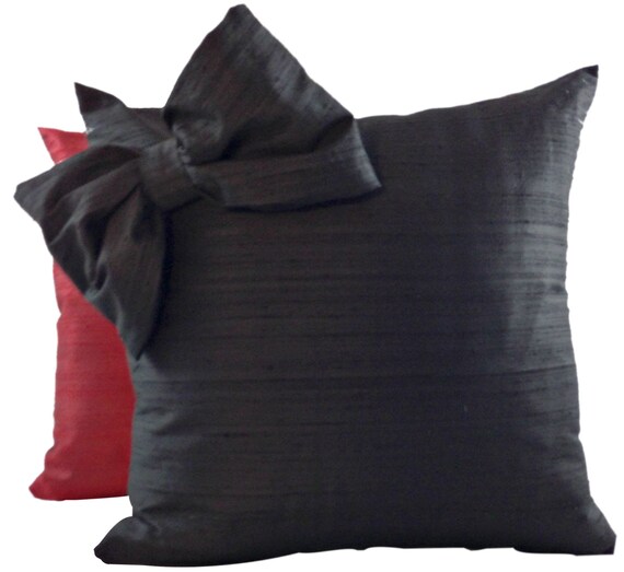 Set Of Black And Red Silk Throw Pillows With Bow For Couch Etsy