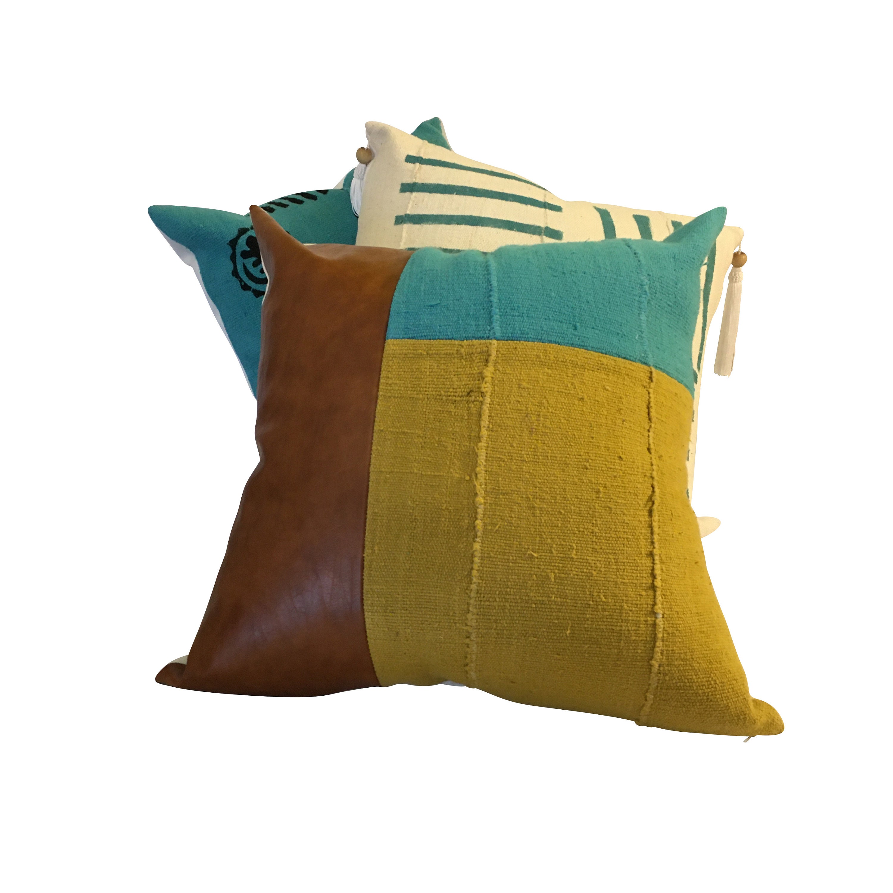 Vegan Leather Pillow Blue and Mustard Yellow Pillow Cover Etsy