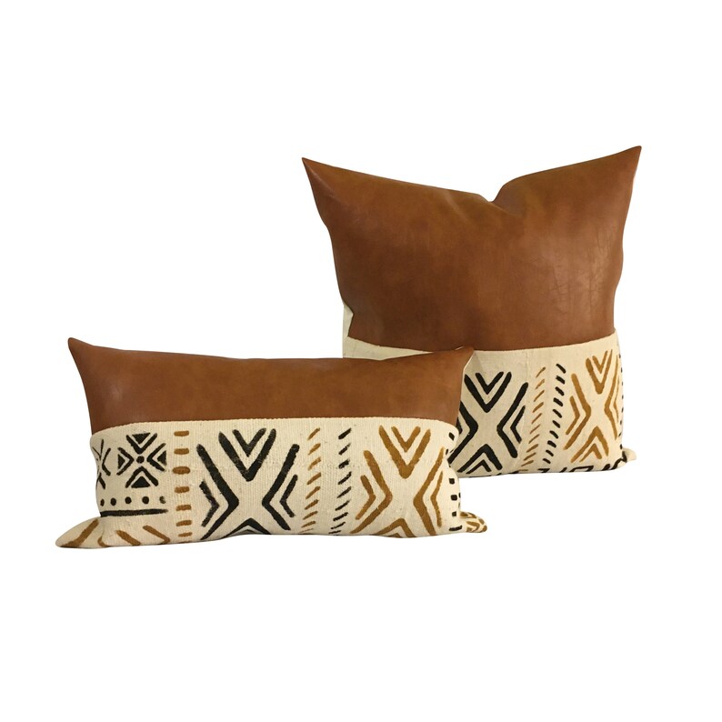 Brown Faux Leather Pillow Cover Mudcloth and Vegan Leather Etsy