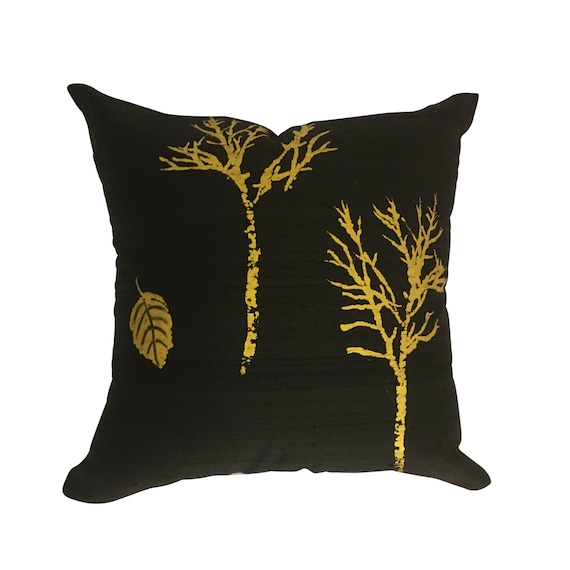 LINED!! Black SILK Pillow Cover, Gold and Black SILK Couch Pillow, Hand Painted Silk Pillow,  Pillow with Trees,, 18x18 Silk Pillow, 20x20