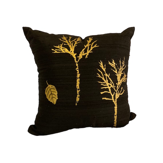 Gold and Black Pillow, LINED Pillow Cover, Indian Silk Pillow, Hand Painted Pillow with Trees