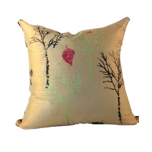 Tan Pillow Cover, LINED Pillow, Beige SILK Couch Pillow, Hand Painted Silk Pillow,  Pillow with Trees