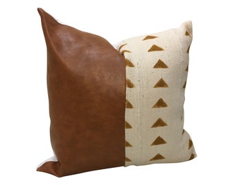 Rust Geometric Pillow Cover, Faux Leather Pillow, Brown and White Pillow, Brown Mud Cloth Pillow