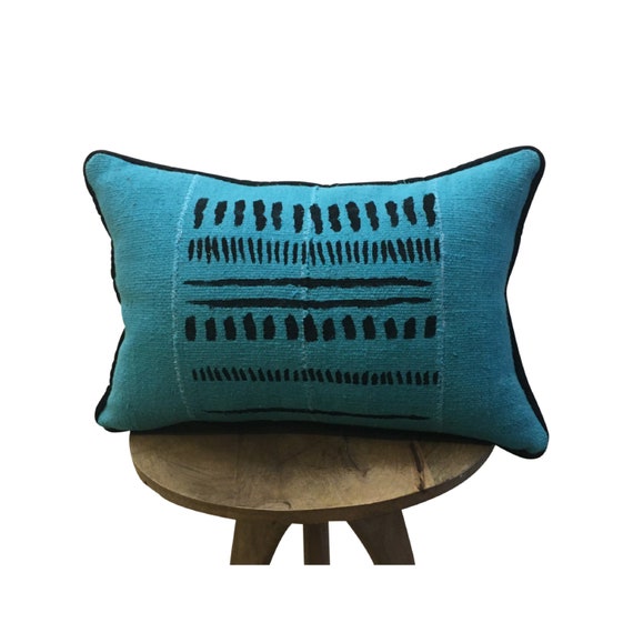 Blue Lumbar Pillow WITH INSERT, Mudcloth Long Pillow,  Piping on Pillow, 12x18, 12x20, 12x22, 14x20, 14x22