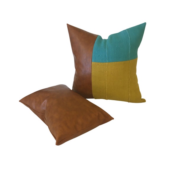 Vegan Leather Pillow Cover Set, Mud Cloth Pillow Set, Vegan Leather Pillows for Man or Woman, Color Block Pillow, Matching