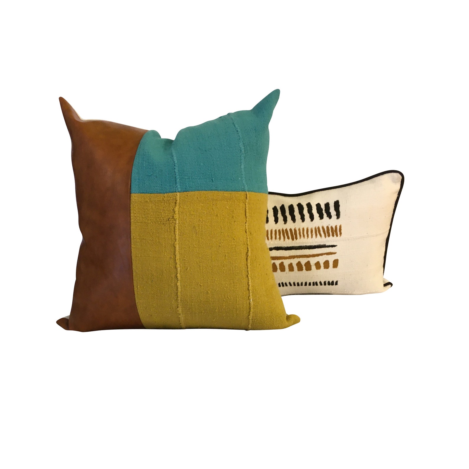 Vegan Leather Pillow Blue and Mustard Yellow Pillow Cover Etsy