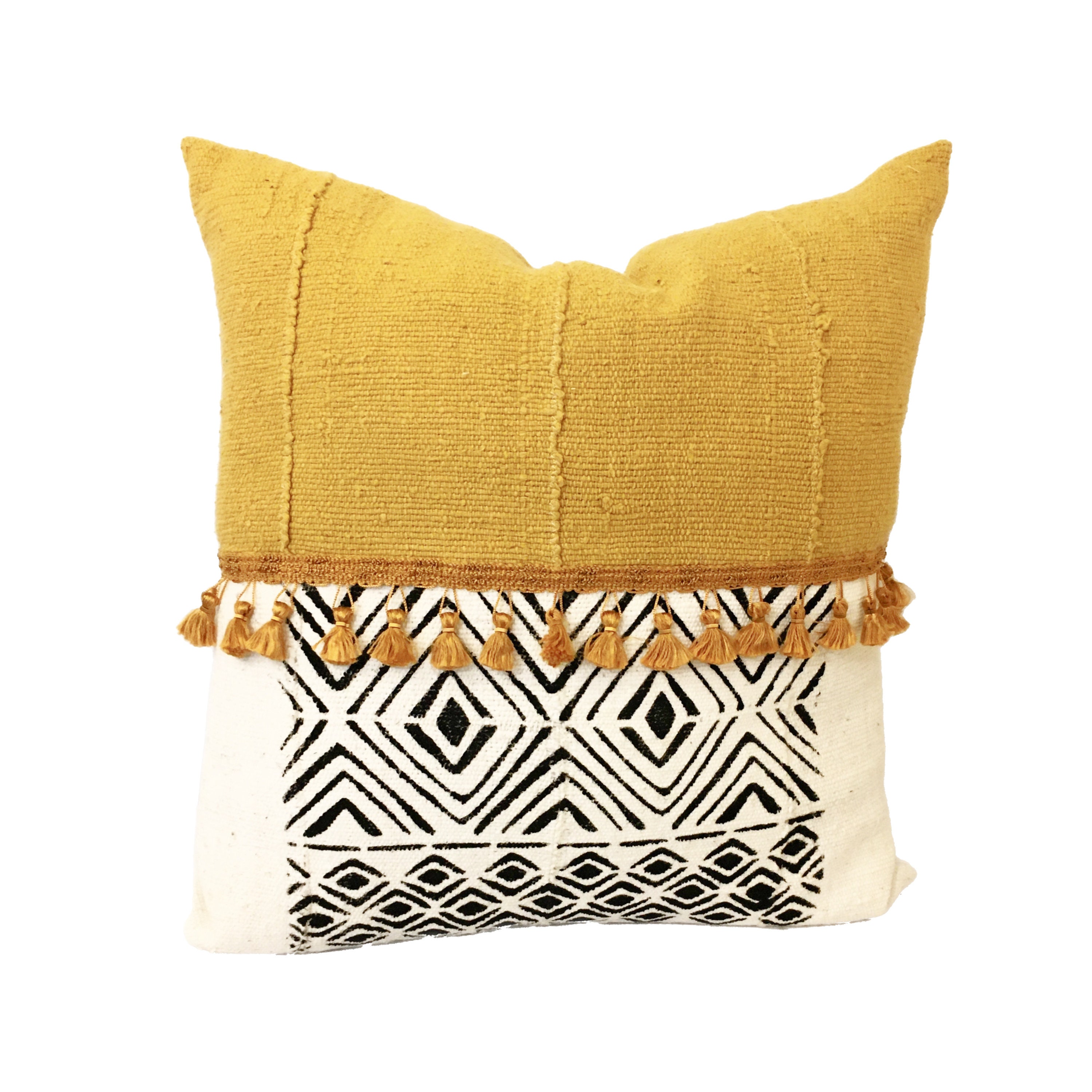 Bright Yellow 20x20 Authentic Mudcloth Throw Pillow Set, Green