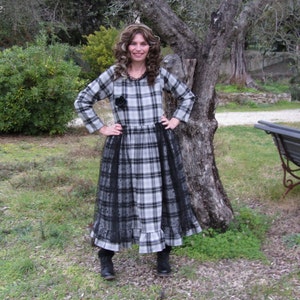 Grey and black Plaid woolen dress, romantic and shabby, tulle with polka dots, boho, Bohemian, mori image 1