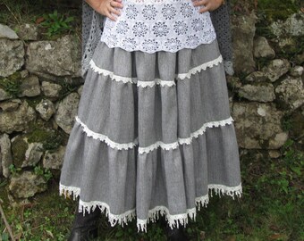 Grey skirt with ruffle fabric wool herringbone with lace