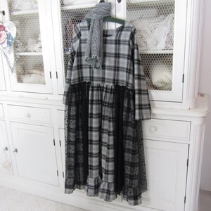 Grey and black Plaid woolen dress, romantic and shabby, tulle with polka dots, boho, Bohemian, mori image 7