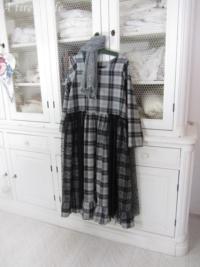 Grey and black Plaid woolen dress, romantic and shabby, tulle with polka dots, boho, Bohemian, mori image 7