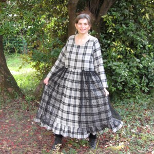 Grey and black Plaid woolen dress, romantic and shabby, tulle with polka dots, boho, Bohemian, mori image 8