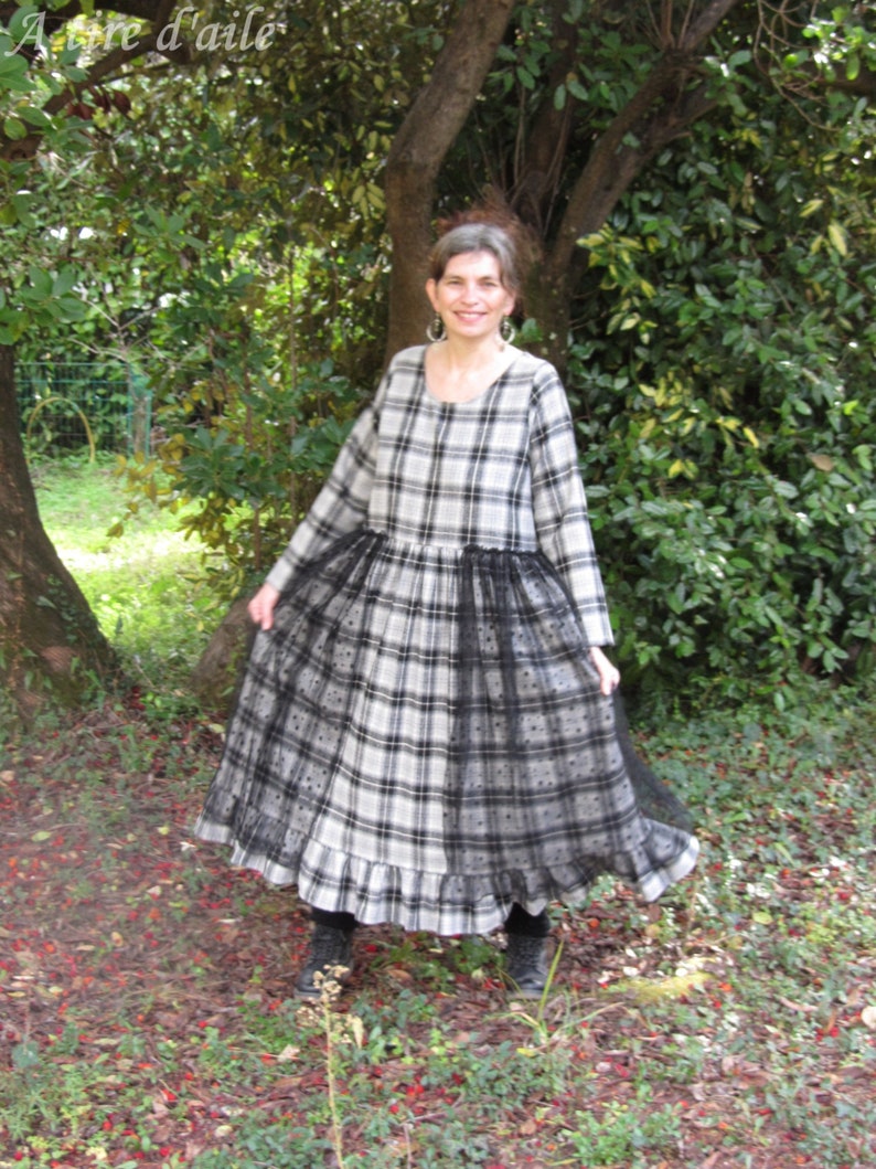 Grey and black Plaid woolen dress, romantic and shabby, tulle with polka dots, boho, Bohemian, mori image 8