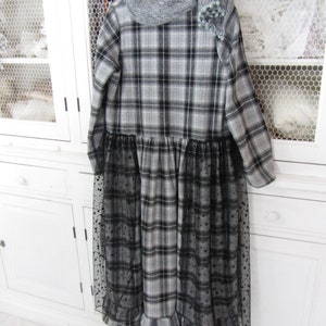 Grey and black Plaid woolen dress, romantic and shabby, tulle with polka dots, boho, Bohemian, mori image 6