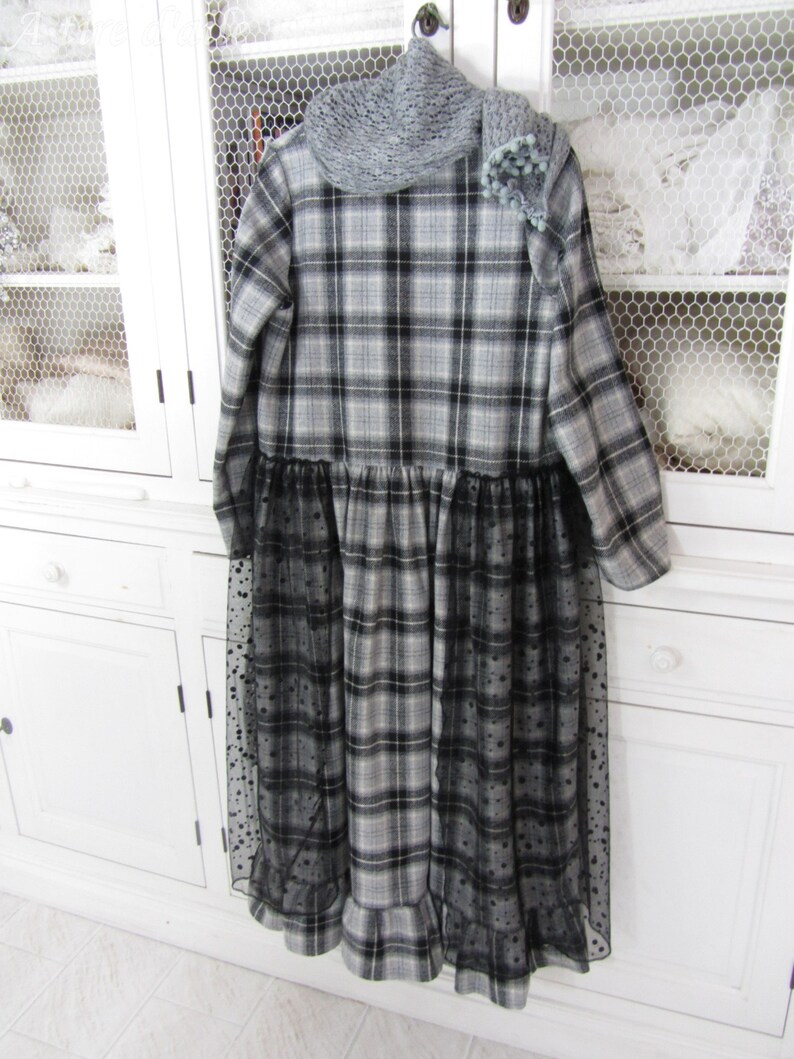 Grey and black Plaid woolen dress, romantic and shabby, tulle with polka dots, boho, Bohemian, mori image 6