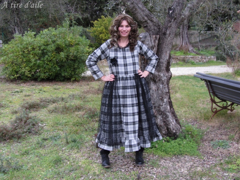 Grey and black Plaid woolen dress, romantic and shabby, tulle with polka dots, boho, Bohemian, mori image 1