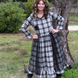 Grey and black Plaid woolen dress, romantic and shabby, tulle with polka dots, boho, Bohemian, mori image 2