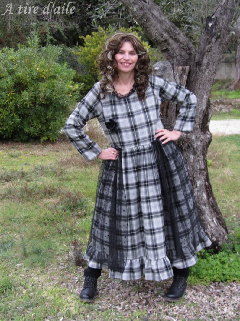 Grey and black Plaid woolen dress, romantic and shabby, tulle with polka dots, boho, Bohemian, mori image 2