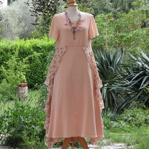 Robe en voile de coton rose saumon, romantique, shabby chic et boho