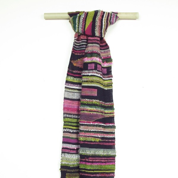 Handwoven Scarf. Primarily Cotton in Black, Pink, Rose and Green