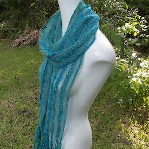 SALE! Handwoven Turquoise Scarf, open weave, alternating stripes of blue cotton and turquoise and green handspun yarn