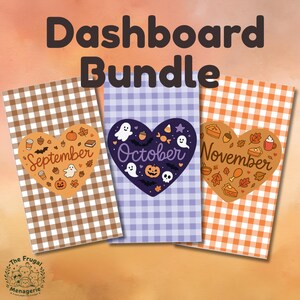 May include: A digital dashboard bundle featuring three rectangular cards with gingham patterns in brown, purple, and orange. Each card displays a heart-shaped graphic with seasonal icons and the text September, October, and November.