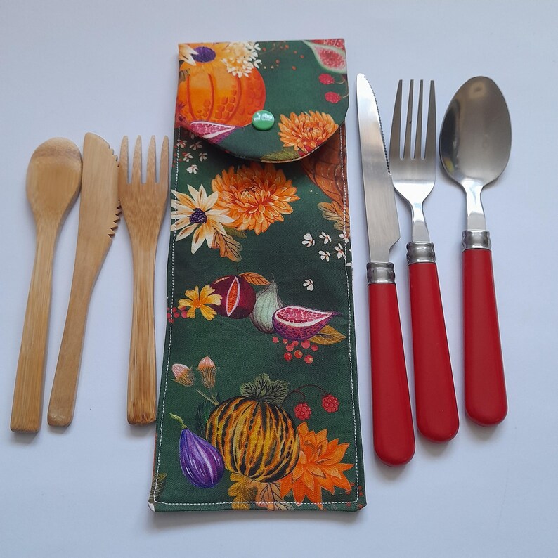 Travel Cutlery Pouch, large cutlery case, cutlery holder, picnic accessories, on the go cutlery holder, reusable cutlery pouch, eco friendly Autumn Vegetables