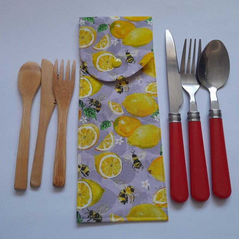 Travel Cutlery Pouch, large cutlery case, cutlery holder, picnic accessories, on the go cutlery holder, reusable cutlery pouch, eco friendly Lemon & Bees