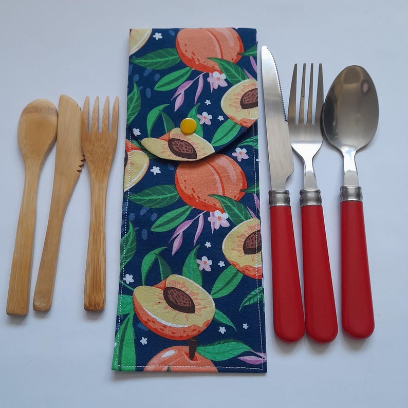 Travel Cutlery Pouch, large cutlery case, cutlery holder, picnic accessories, on the go cutlery holder, reusable cutlery pouch, eco friendly Peaches