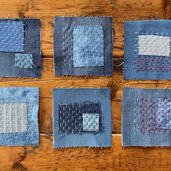 Denim Boro Sashiko Recycled Jeans Patch for Upcycled Clothing, Bags, Quilting and Art. Visible Mending. Handmade with Love.