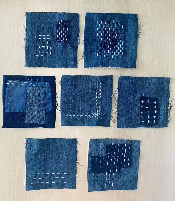 Denim Boro Sashiko Recycled Jeans Patch for Upcycled Clothing, Bags, Quilting and Art. Visible Mending. Handmade with Love.