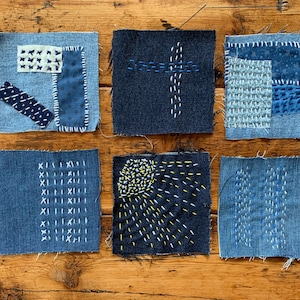 Denim Boro Sashiko Recycled Jeans Patch for Upcycled Clothing, Bags, Quilting and Art. Visible Mending. Handmade with Love.