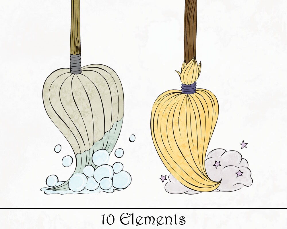 Magical Mops and Brooms Digital Watercolour Clipart Printable Etsy