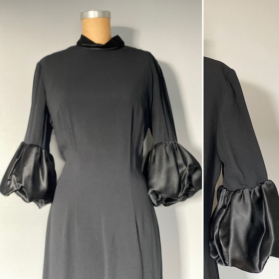 Vintage 1940s/50s Black Rayon Dress with Puff Wris