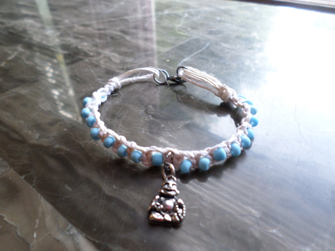 Hemp Bracelet Blue Glass Beads Hotei laughing Buddha Charm - Etsy
