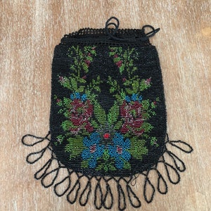 Antique Black Floral Beaded Purse Vintage Handbag