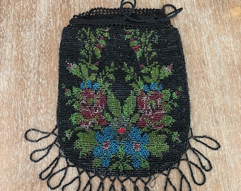 Antique Black Floral Beaded Purse Vintage Handbag