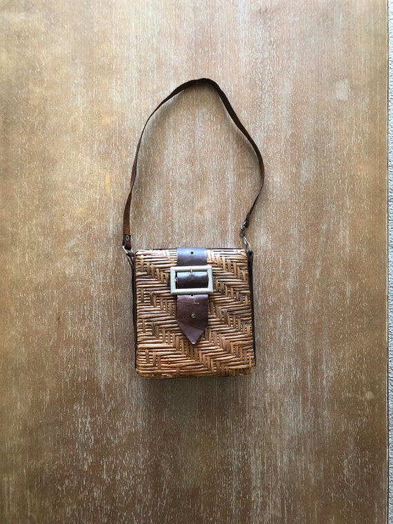 Vintage Homa Brown Leather and Rattan Handbag